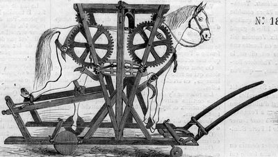 Maatalouskone: ripustuslaite (tai kannettava työ), jota käytetään hevosten tai nautojen liikkumattomuuteen ennen niiden hoitoa. Kone esiteltiin Pariisin maatalouskilpailussa vuonna 1860. Kaiverrus "" Le Monde Illustré" -julkaisussa nro 172, 28. heinäkuuta  tekijältä French School