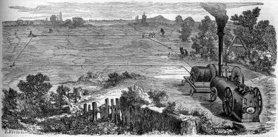Maatalous: talonpojat, jotka käyttävät viljelyyn höyrykonetta. Kaiverrus "" Le Monde Illustré" -julkaisussa nro 131, 15. lokakuuta 1859. tekijältä French School