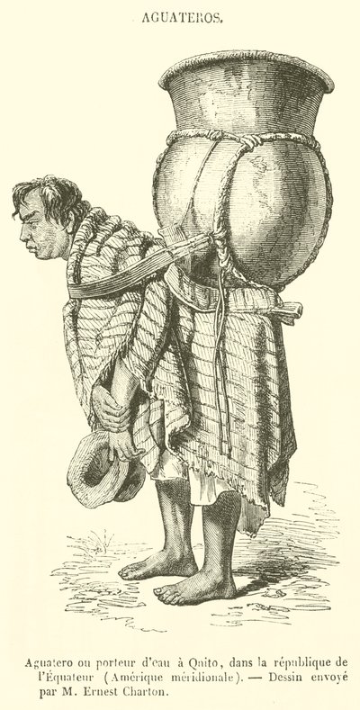Aguatero tai Water Carrier paikassa Qnito, Ecuadorin tasavalta, Etelä-Amerikka (kaiverrus) tekijältä French School