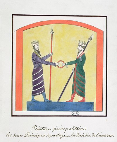 Ahura Mazda ja Angra Mainyu kiistelevät maailmasta, kopio Persepoliksen friisistä tekijältä French School
