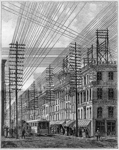 Ilman sähköjohdot Philadelphiassa (Yhdysvallat), Chestnut Streetin ja Kolmannen kadun kulma. Kaiverrus "" La Nature -kirjaan. Revue des sciences et de ses applications aux arts et a l