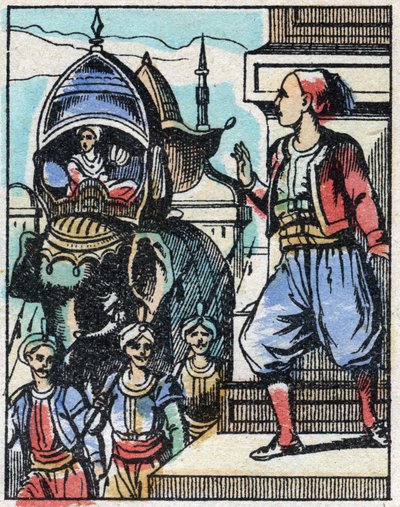 Aladin rakastuu sulttaanin tyttäreen. Kaiverrus tarinasta Tuhannen ja yhden yön "" Aladin ja ihana lamppu"". Epinaalinen kuvantaminen, 1800-luvun loppu. Yksityinen kokoelma. tekijältä French School