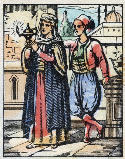 Aladin käyttää taikalamppua äidilleen. Kaiverrus tarinasta Tuhannen ja yhden yön "" Aladin ja ihana lamppu"". Epinaalinen kuvantaminen, 1800-luvun loppu. Yksityinen kokoelma. tekijältä French School