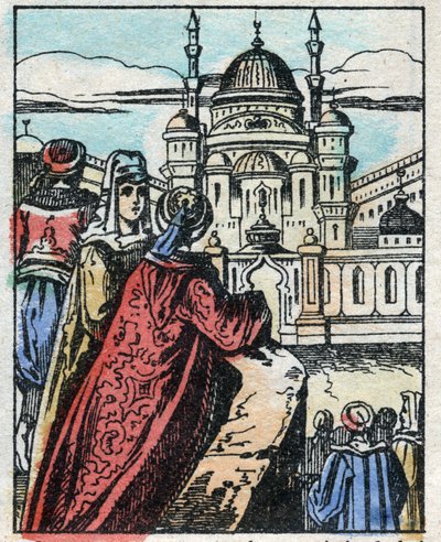 Aladin haluaa Genien rakentavan ylellisen palatsin vastapäätä sulttaanipalatsia. Kaiverrus tarinasta Tuhannen ja yhden yön "" Aladin ja ihana lamppu"". Epinaalinen kuvantaminen, 1800-luvun loppu. Yksityinen kokoelma. tekijältä French School