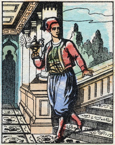 Aladin taikalampun kanssa ei enää löydä tietä. Kaiverrus tarinasta Tuhannen ja yhden yön "" Aladin ja ihana lamppu"". Epinaalinen kuvantaminen, 1800-luvun loppu. Yksityinen kokoelma. tekijältä French School