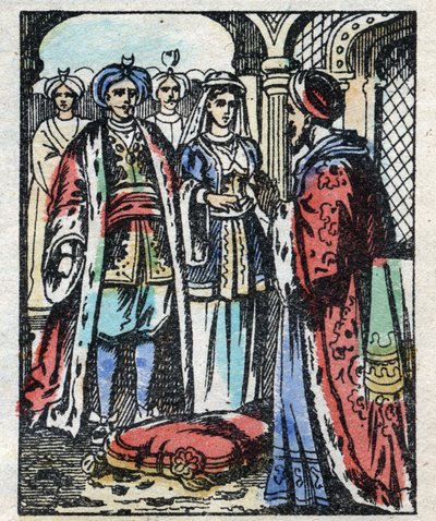 Aladinin häät sulttaanin tyttären kanssa. Kaiverrus tarinasta Tuhannen ja yhden yön "" Aladin ja ihana lamppu"". Epinaalinen kuvantaminen, 1800-luvun loppu. Yksityinen kokoelma. tekijältä French School