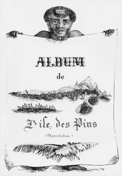 Albumi Isle of Pinesista, Uusi-Kaledonia, karkotus, etukannen kuvitus, 1877 (bw litho) tekijältä French School