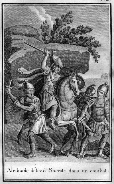 Alkibiades (450-404 eKr.), Ateenalainen valtiomies ja strategia puolustaa Sokratesta taistelussa. "" Muinaisen historian kaunottaret tai ikimuistoiset tosiasiat ja suurmiesten sanonnat"" tekijältä French School