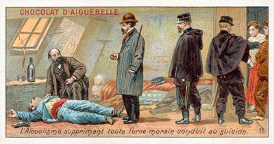 Alkoholismi tukahduttaa kaiken moraalisen voiman ja johtaa itsemurhaan (chromolitho) tekijältä French School