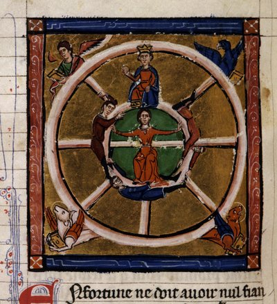 Aleksanteri III Suuri (356-323 eKr.), joka istuu Onnenpyörässä, ympäröi Tetramorfia. Pienoiskuva käsikirjoituksesta "Histoire ancienne à la Cesar", noin 1260-1270, jonka on kirjoittanut virkailija Roger IV:n, Lillen Chatelainin (120) hovissa. tekijältä French School