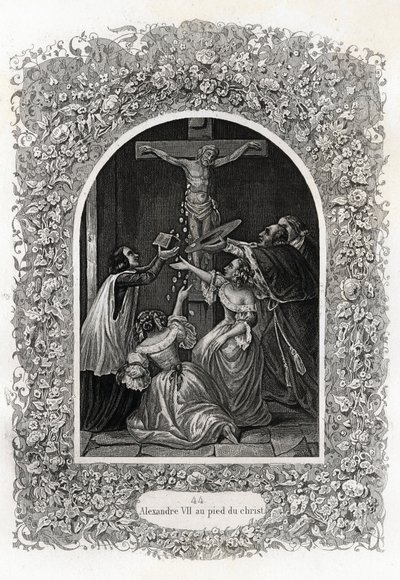 Aleksanteri VII (Aleksanteri tai Alessandro) (paavi 1655-1667) Kristuksen juurella. Maurice Lachatren (1814-1900), Librairie du progress, Pariisin Histoire des Popes -teoksen havainnollistava kaiverrus. tekijältä French School