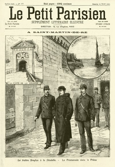 Alfred Dreyfus vankilassa Saint-Martin-de-Ressä, Ranskassa (kaiverrus) tekijältä French School