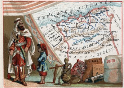 Algeria Afrikassa ja Oranin maakunta Ranskassa. Sarja Ranskan departementeista. Viikunoiden, puuvillan, tupakan, agaten ja lyijyn tuonti. Kromolitografia (Chromo) "" maantieteellinen lanka"", noin 1920. Yksityinen kokoelma. tekijältä French School