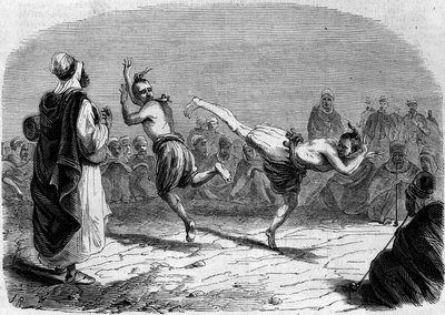 Algerialainen tapa: arabialainen tanssi. Piirustus herra Rigo, pataljoonan johtajan Amelerin luonnoksen pohjalta. Kaiverrus "" Le Monde Illustré" -julkaisussa nro 86, 11. joulukuuta 1858. tekijältä French School