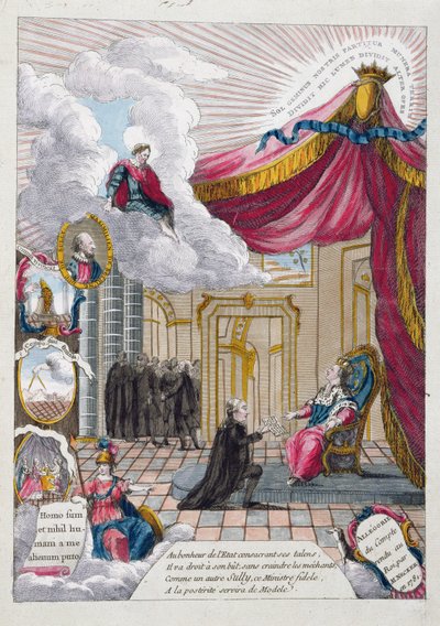 Allegoria Jacques Neckerin (1732-1804) Ludvig XVI:lle (1754-93) antamasta raportista vuonna 1781 (värikaiverrus) tekijältä French School