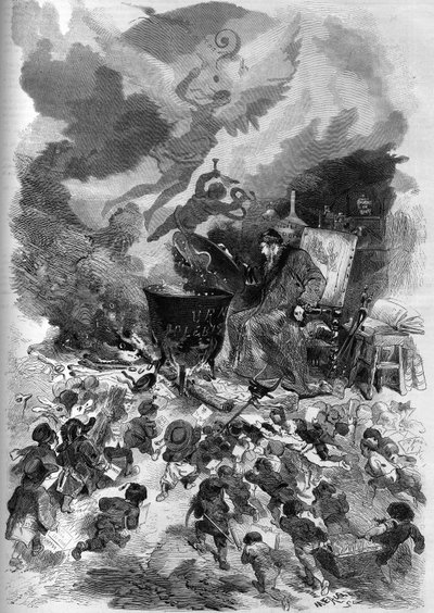 Allegoria Napoleon III:n kansanäänestyksestä vuonna 1870. Kansanäänestyksen vaaliurnasta tulee ruukku, jossa kansanäänestys kiehuu. Tulta ruokkii Ranskan perustuslain vanhan puun kuollut puu. Edmond Morinin kaiverrus teoksessa The Illustrous Worl tekijältä French School