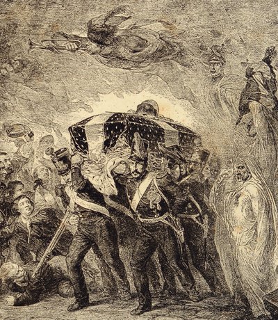 Allegoria Ranskan keisarin Napoleon Bonaparten tuhkan paluusta vuonna 1840. 1800-luku (kaiverrus kirjasta "Clours, mores, usages, costumes, keksintös" tekijältä French School