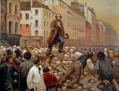 Alphonse Baudin (1811-1851) Faubourg Saint Antoinen barrikadilla 3.12.1851 Louis Napoleon III:n (Louis-Napoleon Bonaparte) vallankaappauksen aikana Kaiverrus vuodelta 1851. tekijältä French School