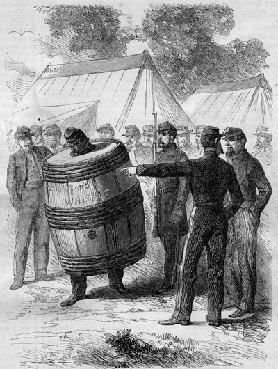 Amerikan sisällissota (1861-1865): Confederen armeijan humalaisen sotilaan rangaistus. Hänellä on tynnyrilävistys ja kävelee leirin läpi muiden sotilaiden huvittavan katseen alla. Kaiverrus "" Le Monde Illustré" -julkaisussa nro 276, 26. heinäkuuta 1862. tekijältä French School
