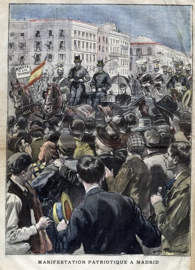 American Hispano War (tai Desastre of 1898) - isänmaallinen mielenosoitus Madridissa vuonna 1898 Espanjan kuningatar Mary Christinen (1858-1929) läsnä ollessa - kaiverrus "La petite Gironde" vuodelta 1898 tekijältä French School