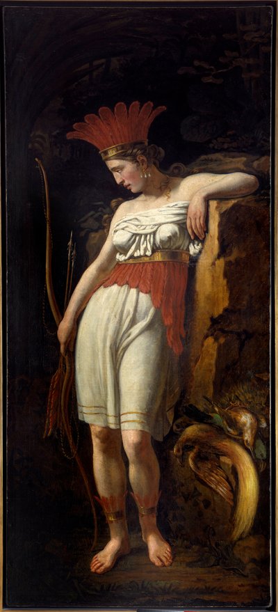 Amerikan uuden maailman allegoria nuorena intianaisena, jolla on höyhenet, jousi ja nuolet. 1800-luvun ranskalaisen koulukunnan maalaus. La Rochelle, Uuden maailman museo tekijältä French School