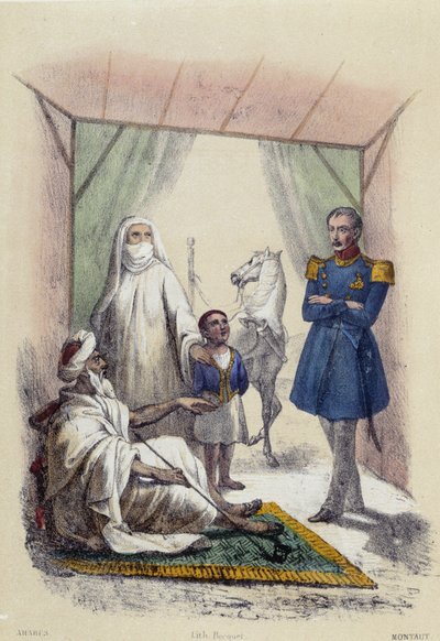Arabiperheen luona sotilas; kuvitus arabimaille, M.E Fouinetin teoksessa "Kaksitoista kansakuntaa". tekijältä French School