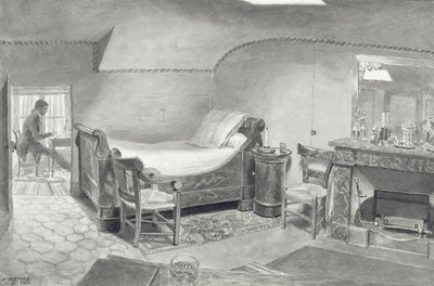 Taiteilijan ullakkosisustus Pariisissa, n. 1830 (kynä & seepiamuste ja seepia wc paperilla) tekijältä French School