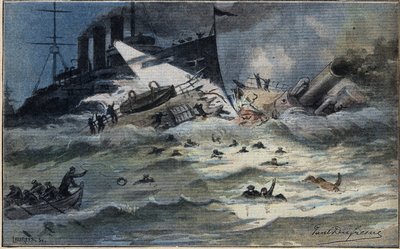 Englantilainen torpedo leikattu puoliksi, sanomalehdestä "Le Petit Parisien"" tekijältä French School