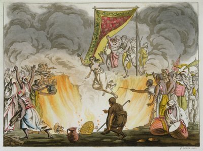 Intialainen leski palaa kuoliaaksi aviomiehensä ruumiineen, levy 30 Intiaa käsittelevästä kirjasta, kaiverrus Gaetano Zancon (1771-1816) tekijältä French School