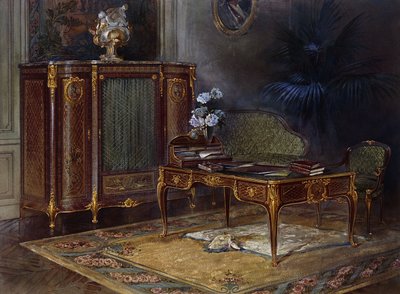 Sisustus Louis XV -tyylisellä Ormolu-asennuksella ja parkettilevyllä ja kirjastolla 43,4 cm., tekijältä French School
