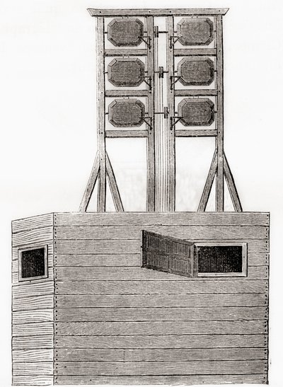 Englannissa 1700-luvulla käytetty ilmalennätinjärjestelmä, Les Merveilles de la Science, julkaistu n. 1870 (kaiverrus) tekijältä French School