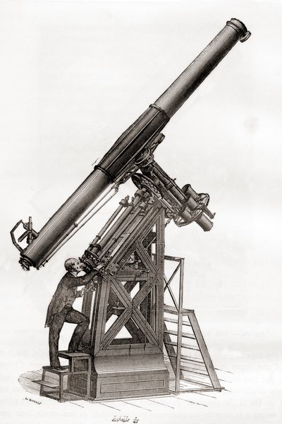 Päiväntasaajan teleskooppi Pariisin observatoriossa, Ranskassa 1800-luvulla, Les Merveilles de la Science -julkaisusta, julkaistu noin 1870 (kaiverrus) tekijältä French School