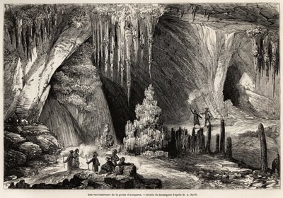 Kykladien saarella sijaitsevan Antiparoksen luolan sisäkuva, Emile Rouarguen (noin 1895-1865) piirros, joka kuvaa E.A.Spollin vierailua Antiparoksen luolassa vuonna 1859. Kaiverrus lehdessä "Le tour du monde" 1861. Selvan kokoelma. tekijältä French School