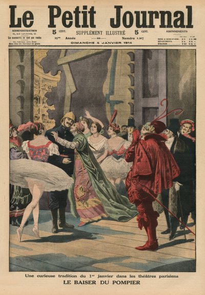 Outo perinne 1. tammikuuta Pariisin teattereissa, "Fireman Kiss", etukannen kuvitus "Le Petit Journalista", liitekuva, 4. tammikuuta 1914 tekijältä French School