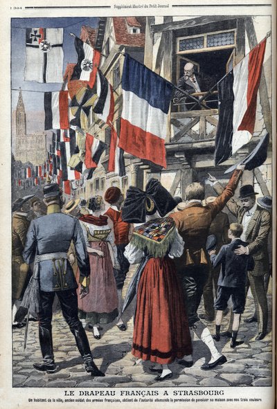 Vanha ranskalainen sotilas Saksan miehittämässä Strasbourgissa saa näyttää Ranskan lippua - "Le Petit Journal" 20. syyskuuta 1908 (kaiverrus) tekijältä French School
