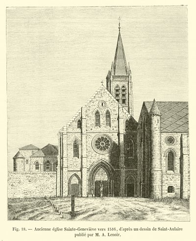 Entinen Sainte-Genevieven kirkko noin 1516, M A Lenoirin julkaiseman Saint-Aulairen piirustuksen jälkeen tekijältä French School