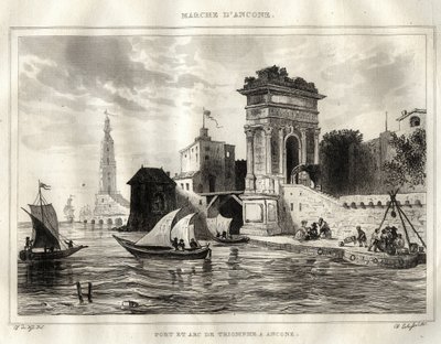 Ancona - Ancona - Italia - Trajanuksen kaari, muinainen roomalainen Apollodoron teos - Kaari on sijoitettu Anconaan - Kaiverrus "Italia maalauksellisesta"" - Italian historiallinen ja kuvaava maalaus", M. de Norvins, Ch. Nodier 1834-1836. tekijältä French School