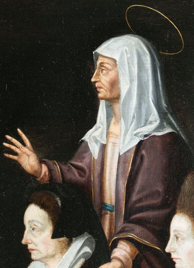 Anne Aubrey ja hänen suojelijansa, yksityiskohta. Aubreyn triptyykki tekijältä French School