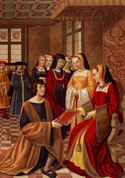 Bretagnen Anne (1477-1514) kunnianaistensa ympäröimänä. Kromolitografia 1500-luvun pienoismallin jälkeen. Arts Deco -kirjasto, Pariisi tekijältä French School