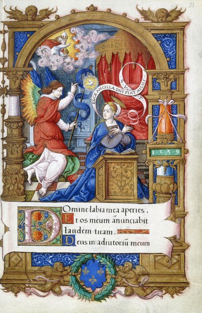 Ilmoitus, Francois I:lle tehdystä Tuntien kirjasta, n. 1532-1540 tekijältä French School