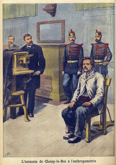 Antropometria - Alphonse Bertillon (1853-1914) kuvitus Le Petit Journalista toukokuussa 1899 (kaiverrus) tekijältä French School