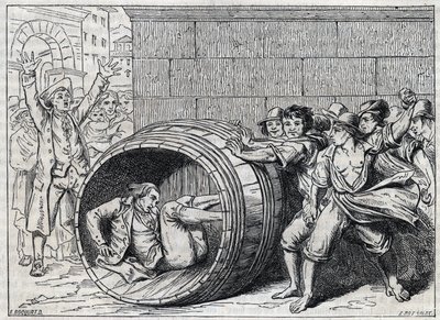 Antisemiittien vaino 1600-luvulla: Rooman asukkaat pyörittelevät juutalaista tynnyrissä. Kuvitus "Meo Pataccasta", Giuseppe Bernerin (1637-1700) runo. Kaiverrus Bocourt. tekijältä French School
