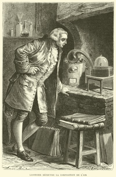 Antoine Lavoisier löytää Airin koostumuksen (kaiverrus) tekijältä French School