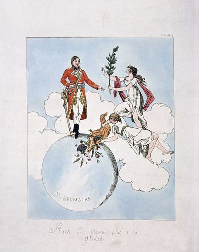 Napoleon-Bonaparten apoteoosi 18. brumairen vuoden VIII vallankaappauksen aikana (9.11.1799). (nymfit esittelevät hänelle laakeria ja runsauden sarvia) tekijältä French School