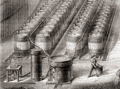 Laite, jota käytetään vetykaasun valmistamiseksi rikkihapon vaikutuksella rautaan täytettäessä ilmapalloa, "Les Merveilles de la Science", julkaistu n. 1870 (litho) tekijältä French School