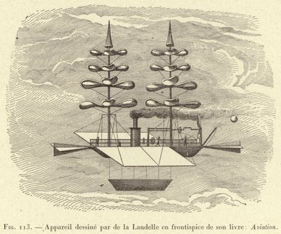 De la Landellen suunnittelema lentokone kirjansa: Aviation (kaiverrus) etupuolelle tekijältä French School