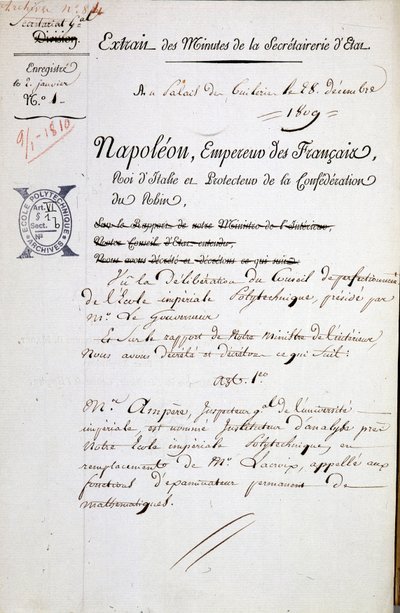 André Marie Ampèren Napoleonin nimittäminen Polytechniquen tarkastajaksi - Pakollinen maininta: Raamatun arkisto. Ecole Polytechniquesta tekijältä French School