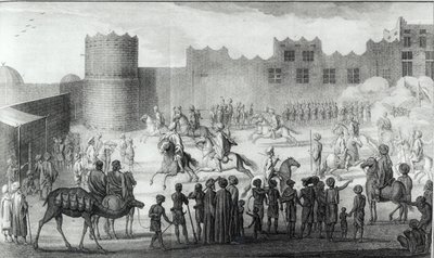 Arabian taistelijat harjoittavat Jemenissä, Arabian kuvauksesta varmistivat Carsten Niebuhrin samoista paikoista keräämät omat havainnot ja mielipiteet, julkaistu 1774 tekijältä French School