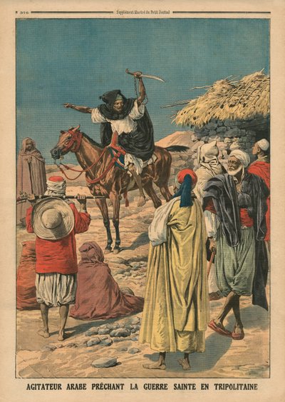 Arabiagitaattori saarnaa pyhää sotaa Tripolitaniassa, kuvitus "Le Petit Journalista", liitekuva, 19. marraskuuta 1911 tekijältä French School