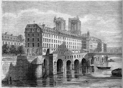 Arkkitehtuuri: Hotel Dieun ulkonäkymä Ile de la Cite -kadulla Pariisissa ennen sen purkamista. Näkymä Quai de la Tournellesta vuodelta 1859. Kaiverrus "" Le Monde Illustré" -julkaisussa nro 136, 19. marraskuuta 1859. tekijältä French School